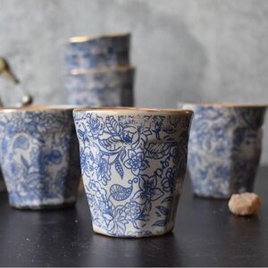 4 Beautiful Handmade Blue Floral Ceramic Espresso Cups